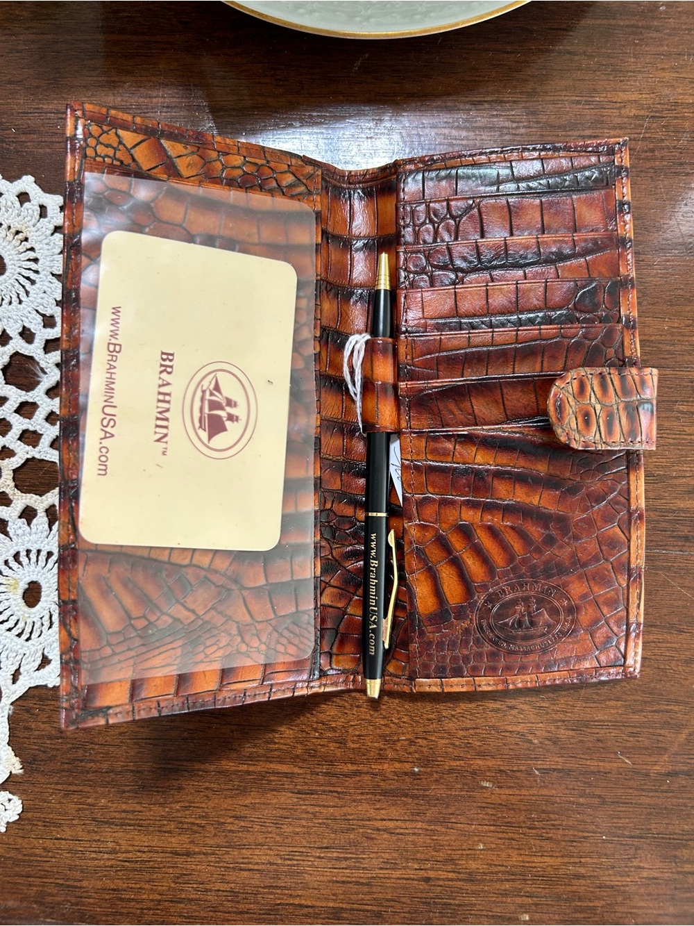 Brahmin Cognac Croc-Embossed Leather checkbook holder with Pen